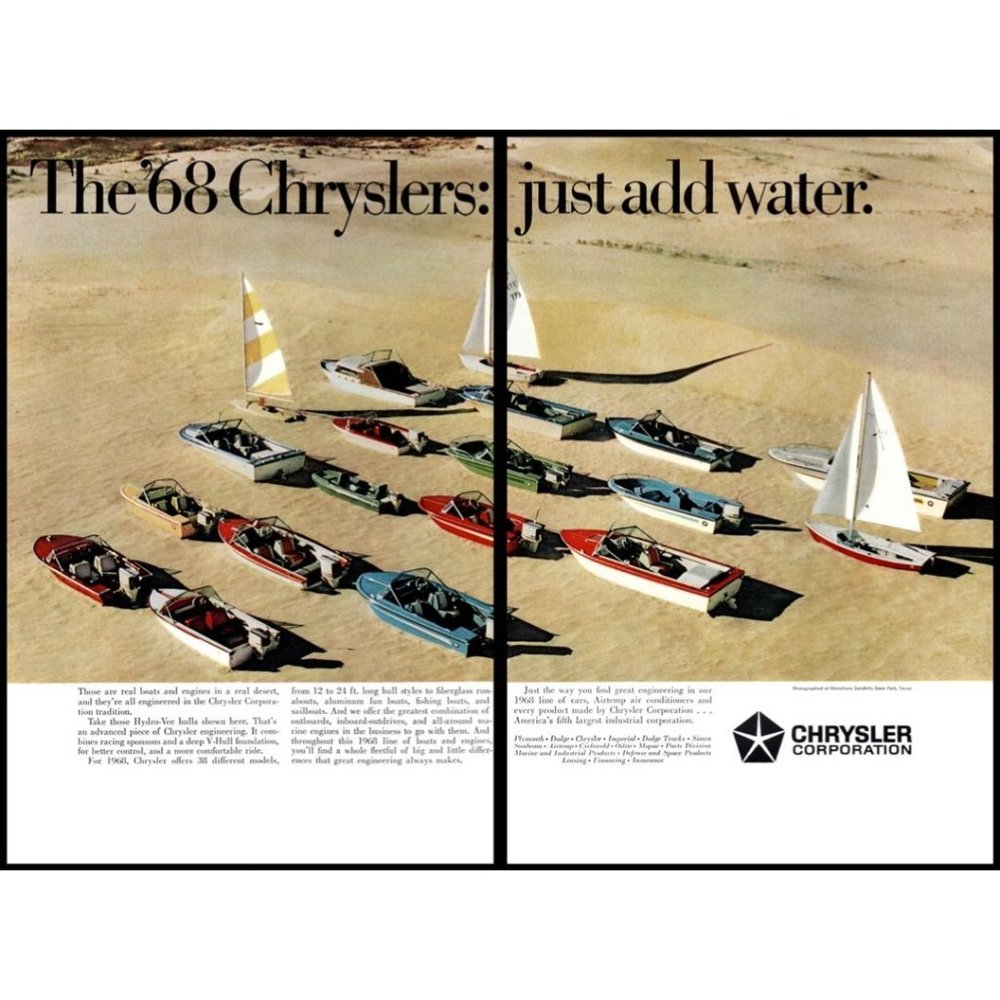 1968 Chrysler Boats Just Add Water 2 Page Vintage Print Ad Desert Boating Decor